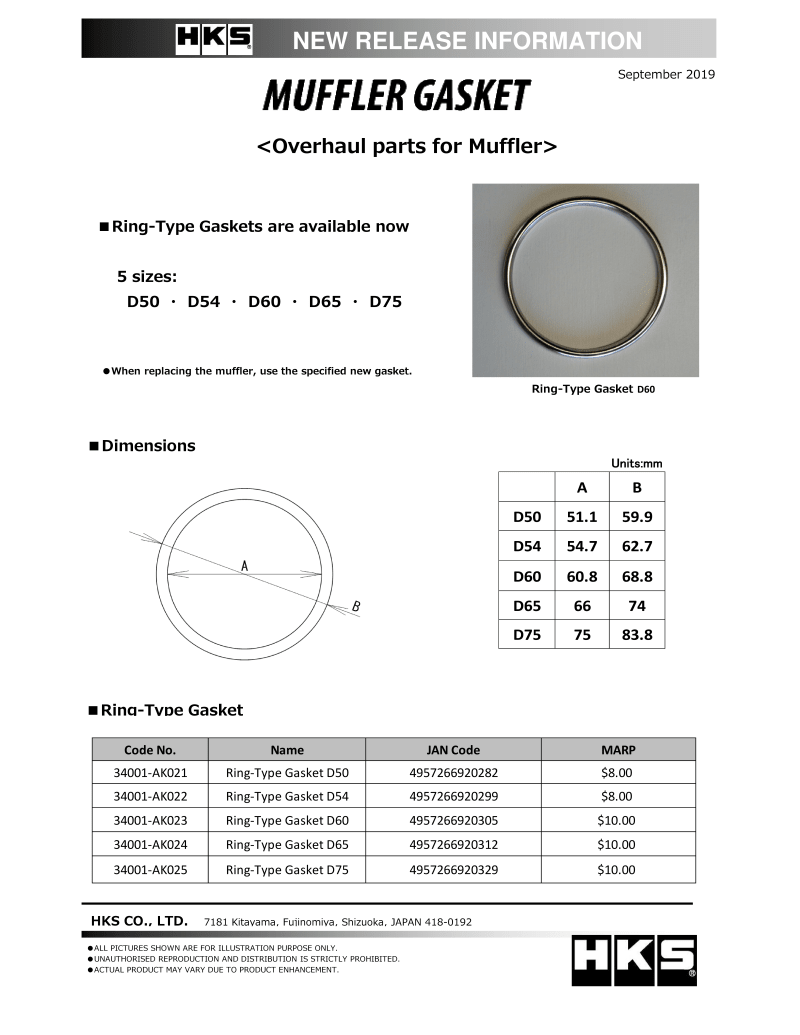 HKS - HKS Muffler Gasket 54.7mm ID 62.7mm OD - Demon Performance