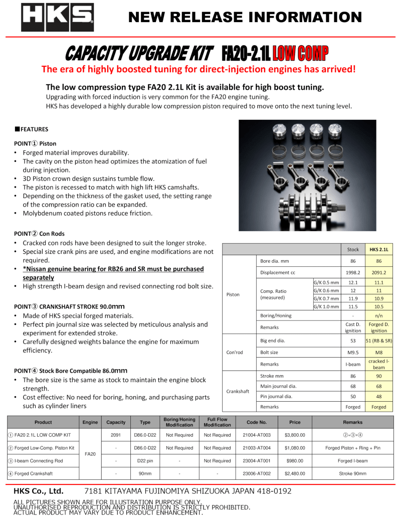HKS - HKS PISTON KIT FA20 2.1L LOW COMP - Demon Performance