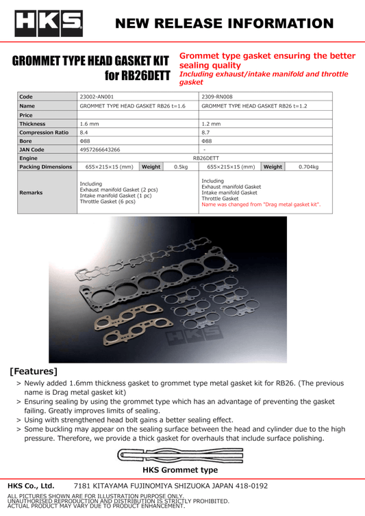 HKS - HKS RB26 88mm Bore 1.6mm Thick Grommet Type Head Gasket - Demon Performance