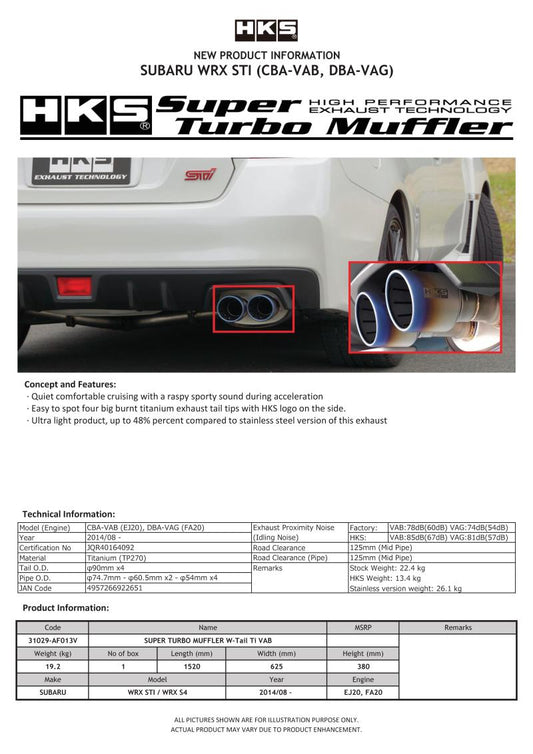 HKS - HKS SUPER TURBO MUFFLER Ti Subaru VAB WRX STI/VAG WRX S4 - Demon Performance