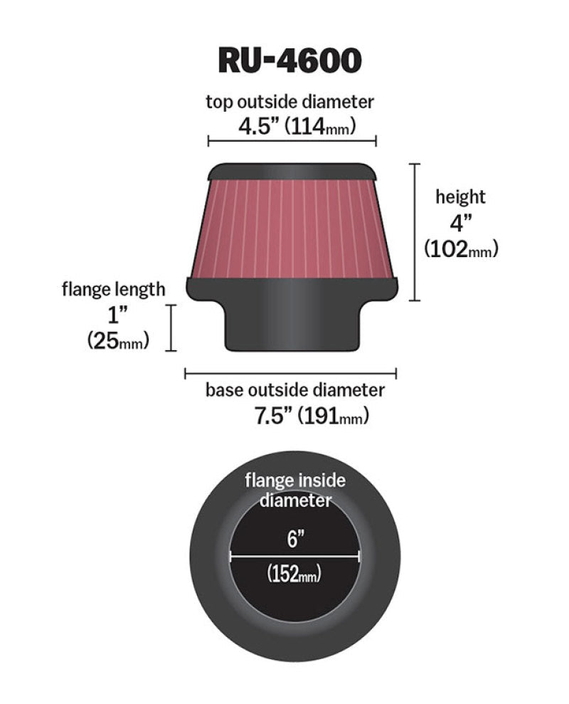 K&N Engineering - K&N Filter 6 inch Flange 7.5 inch Base 4.5 Top 4 inch Height - Demon Performance