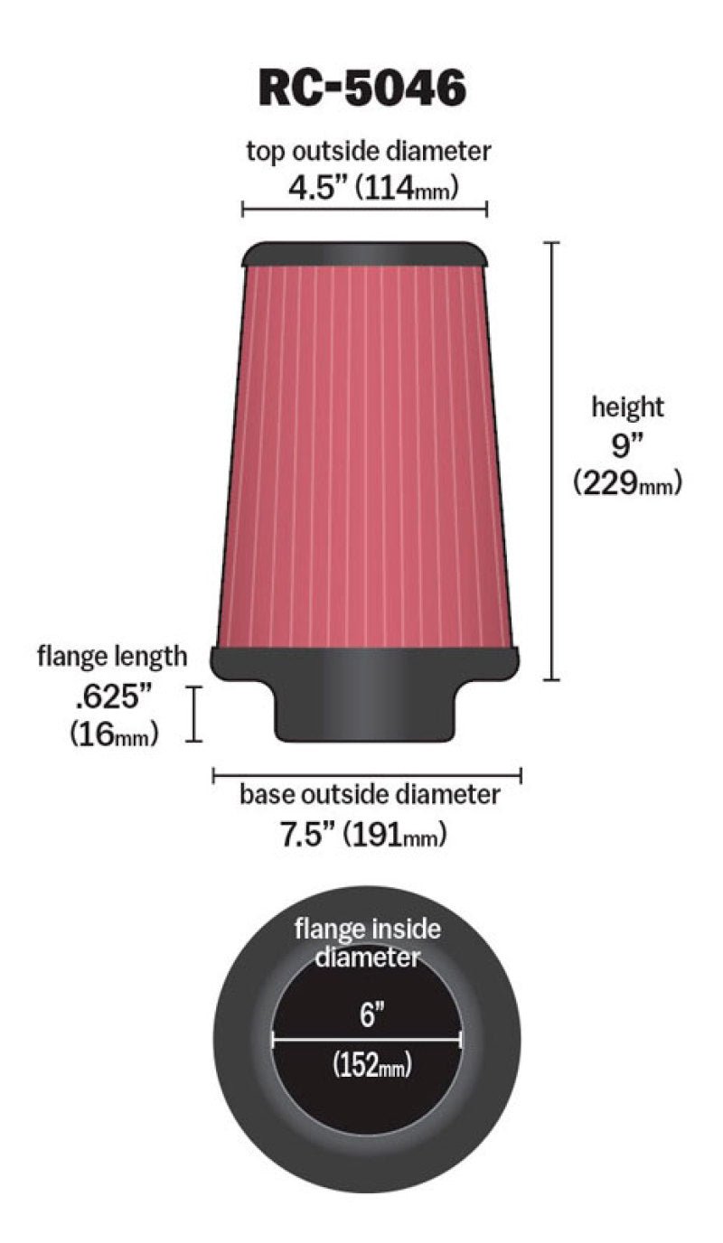 K&N Engineering - K&N Universal Chrome Filter 6 inch FLG / 7.5 inch Base / 4.5 inch Top / 9 inch Height - Demon Performance