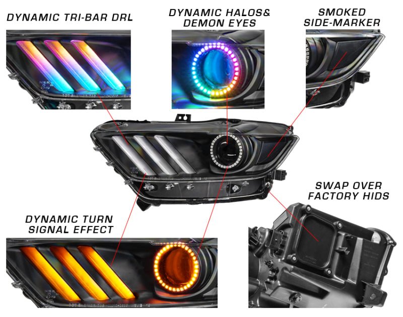ORACLE Lighting - Oracle 15 - 17 Ford Mustang Dynamic RGB+A Pre - Assembled Headlights - Black Edition - ColorSHIFT - Demon Performance