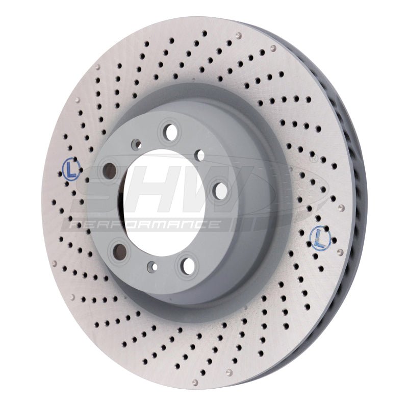 SHW Performance - SHW 07 - 13 Porsche 911 Turbo 3.8L w/o Ceramics Left Rear Drilled - Dimpled MB Brake Rotor (99735240502) - Demon Performance