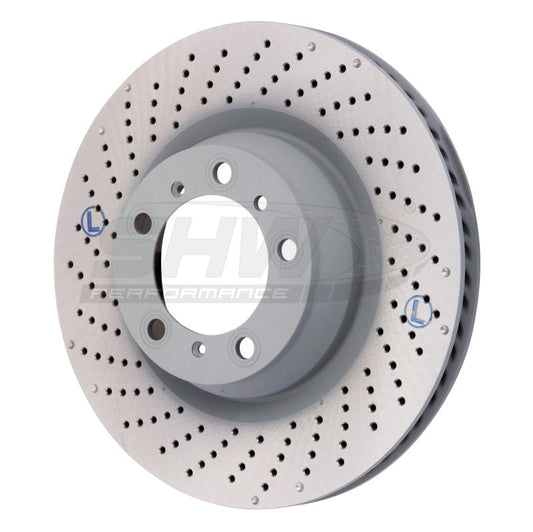 SHW Performance - SHW 07 - 13 Porsche 911 Turbo 3.8L w/o Ceramics Left Rear Drilled - Dimpled MB Brake Rotor (99735240502) - Demon Performance