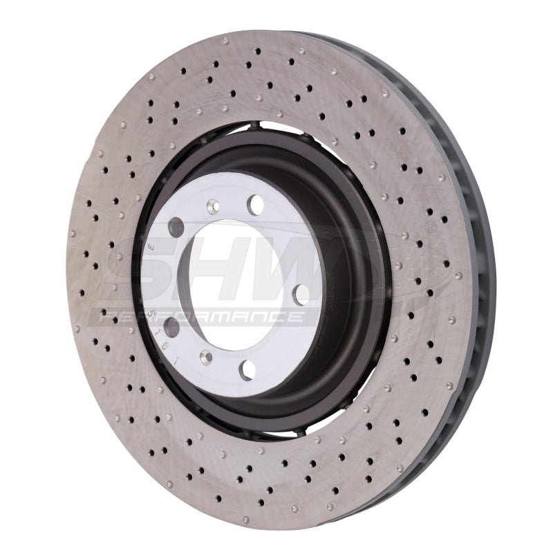 SHW Performance - SHW 14 - 19 Porsche 911 Turbo 3.8L w/o Ceramics Left Front Drilled - Dimpled LW Brake Rotor (9P1615301K) - Demon Performance