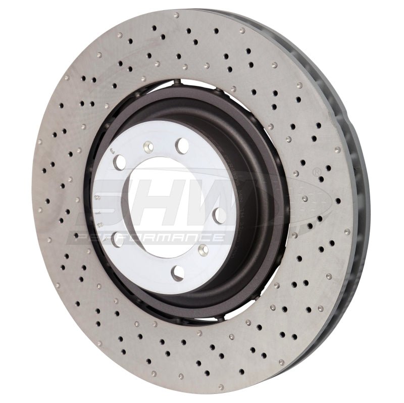 SHW Performance - SHW 14 - 19 Porsche 911 Turbo 3.8L w/o Ceramics Right Front Drilled - Dimple LW Brake Rotor (9P1615302K) - Demon Performance