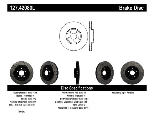 Stoptech - StopTech 06 - 07 350Z / 05 - 07 G35 exp Sport/ 06 - 07 G35X SportStop Slotted & Drilled Front Left Rotor - Demon Performance