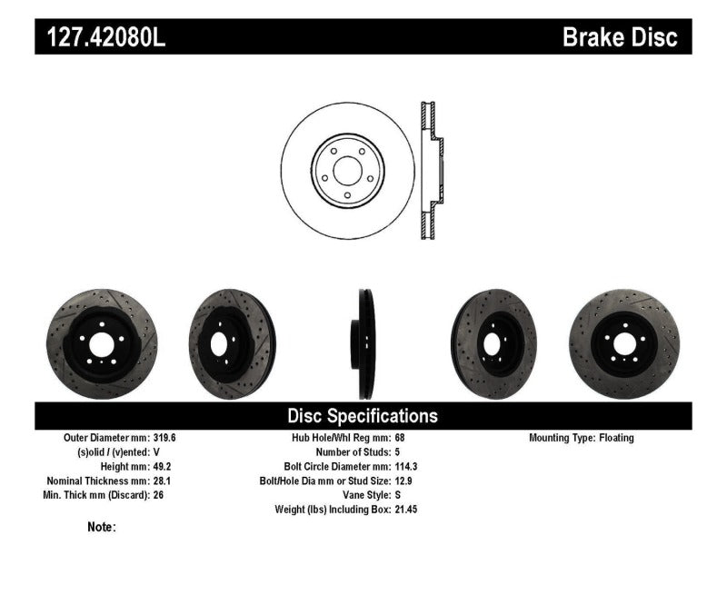 Stoptech - StopTech 06 - 07 350Z / 05 - 07 G35 exp Sport/ 06 - 07 G35X SportStop Slotted & Drilled Front Left Rotor - Demon Performance