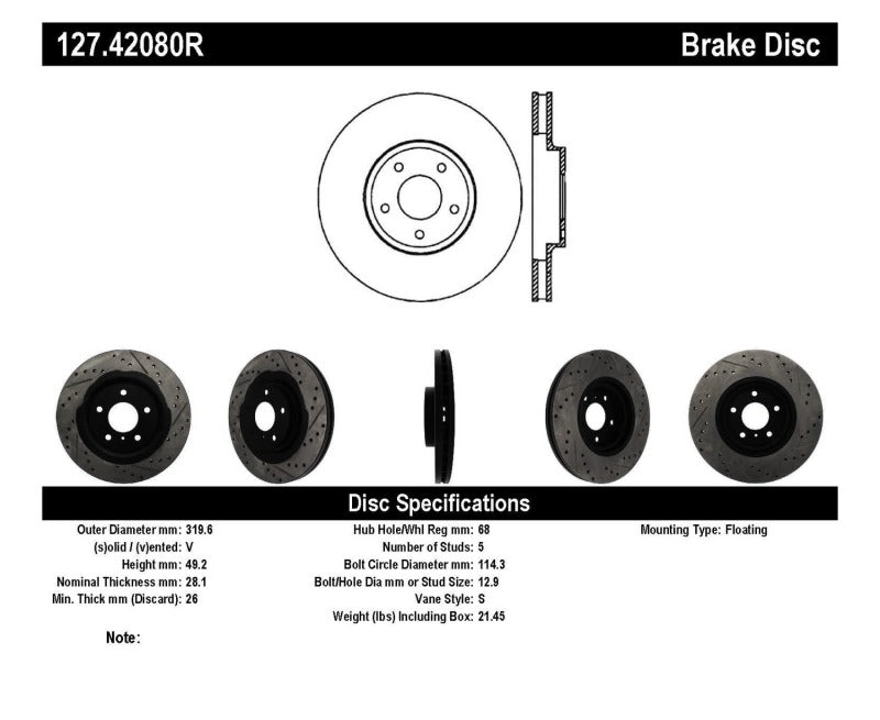 Stoptech - StopTech 06 - 07 350Z / 05 - 07 G35 exp Sport/ 06 - 07 G35X SportStop Slotted & Drilled Front Right Rotor - Demon Performance