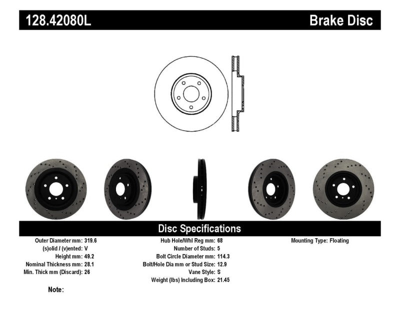 Stoptech - StopTech 08 - 09 Infiniti EX35 / 05 - 08 G35 / 09 G37 / 06 - 09 M35/M45 Drilled Left Front Rotor - Demon Performance