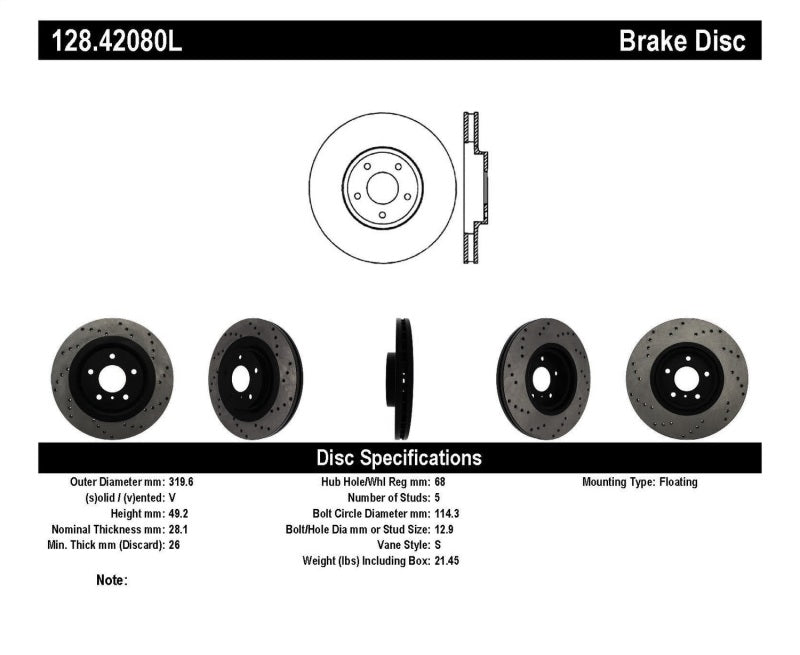 Stoptech - StopTech 08 - 09 Infiniti EX35 / 05 - 08 G35 / 09 G37 / 06 - 09 M35/M45 Drilled Left Front Rotor - Demon Performance