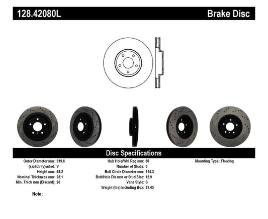 Stoptech - StopTech 08 - 09 Infiniti EX35 / 05 - 08 G35 / 09 G37 / 06 - 09 M35/M45 Drilled Left Front Rotor - Demon Performance