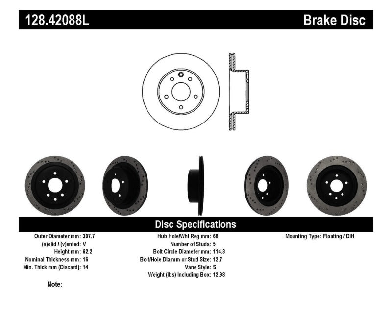 Stoptech - StopTech 08 - 09 Infiniti EX35 / 05 - 08 G35 / 09 G37 / 06 - 09 M35/M45 Drilled Left Rear Rotor - Demon Performance
