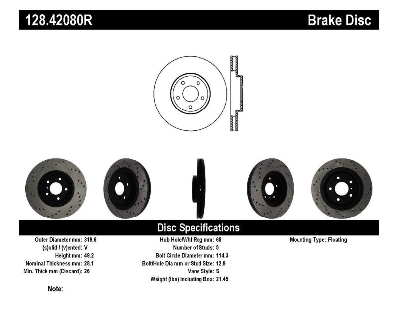 Stoptech - StopTech 08 - 09 Infiniti EX35 / 05 - 08 G35 / 09 G37 / 06 - 09 M35/M45 Drilled Right Front Rotor - Demon Performance