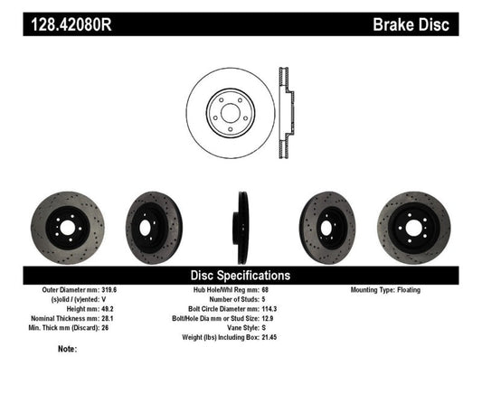 Stoptech - StopTech 08 - 09 Infiniti EX35 / 05 - 08 G35 / 09 G37 / 06 - 09 M35/M45 Drilled Right Front Rotor - Demon Performance